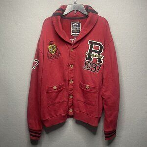 Vintage Rugby Cowl Neck Cardigan 3XL Embroidered Graphics & Striped Cuffs